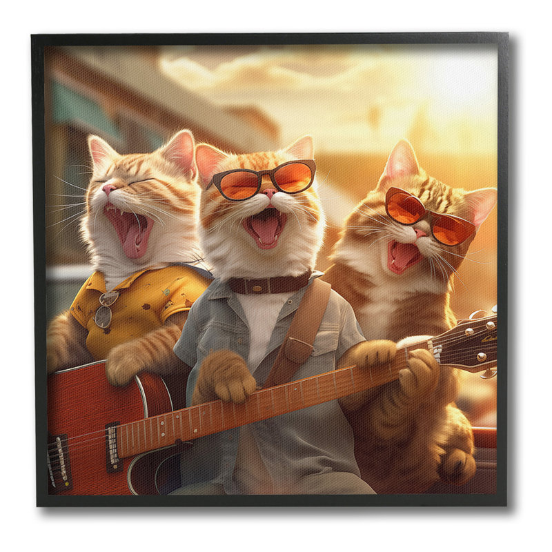«Singing Guitarist Cats», art de la giclée encadrée par Jim Baldwin, Giclée encadrée noir minuit, H 17 po x l 17 po