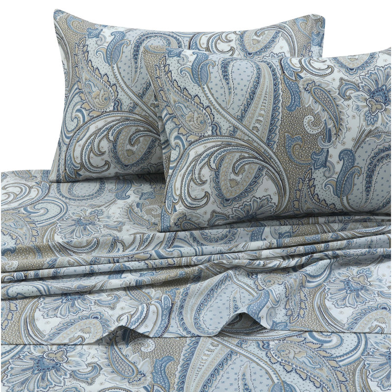 Queen Blue Paisley Cotton Sateen Deep Pocket Sheet Set