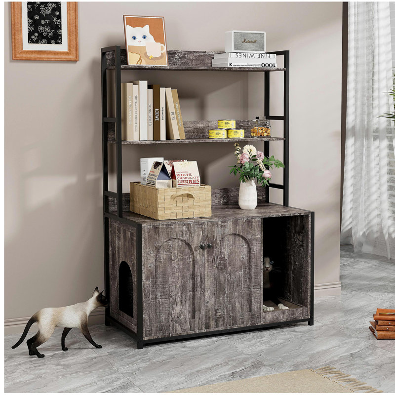 Large Cat Litter Box Enclosure With Shelf Storage, Hidden Cat Washroom Furniture, Wooden Cat House With Scratch Pad, Sturdy Indoor Cat Cabinet With 2 Doors(Grey)
