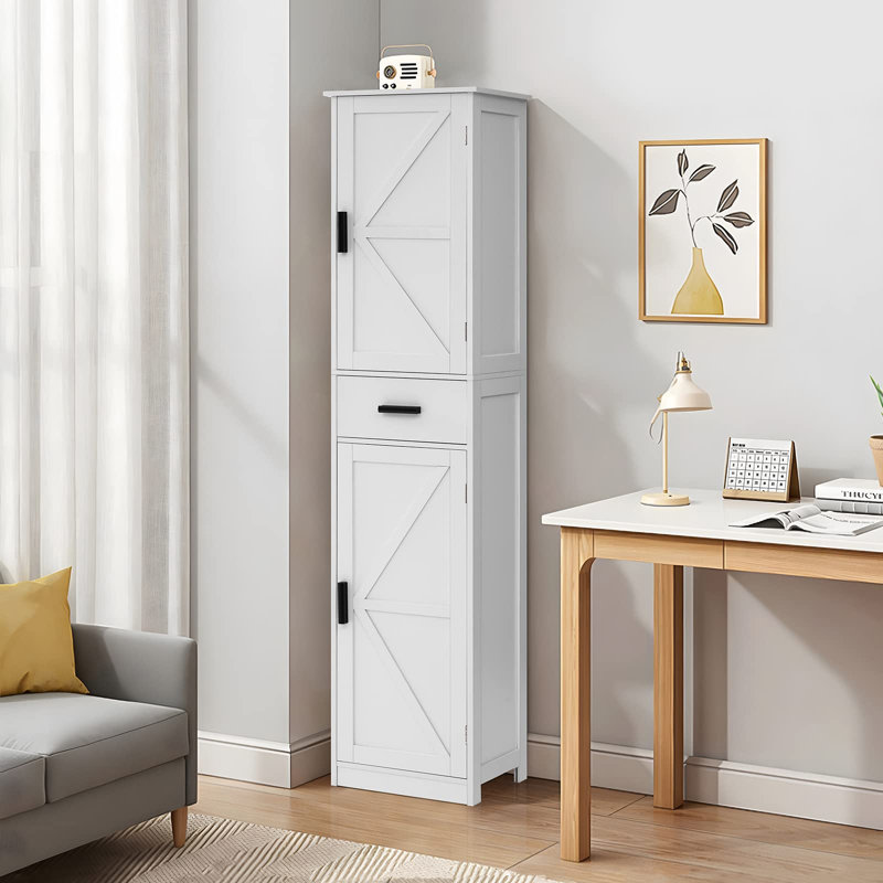 Tall Bathroom Cabinet with 4 Shelves, 2 Doors & 1 Drawer, White