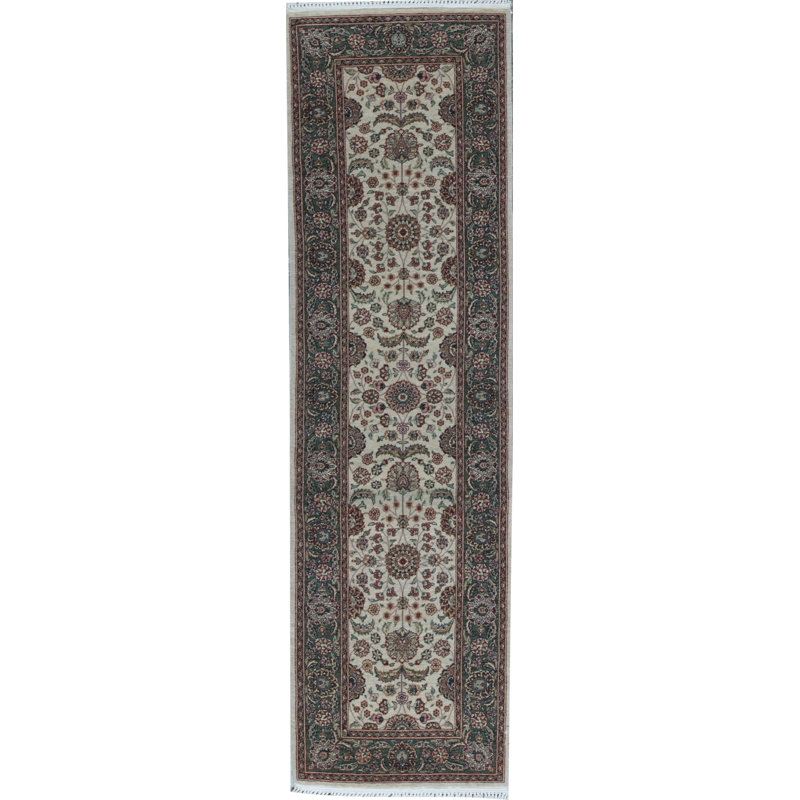 Hand-Knotted High-Quality Cream and Green Runner