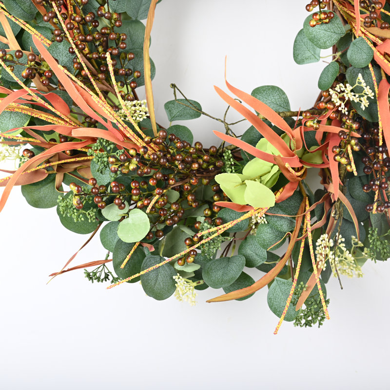 Primrue 26" Faux Fall Eucalyptus Berry Thanksgiving Wreath for Front ...