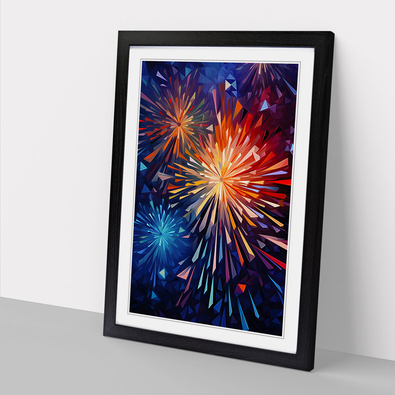 Fireworks Cubism No.2 - Single Picture Frame Print on Wood, Black, 46cm H x 34cm W x 2cm D