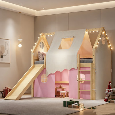 House Loft Bed With Sills And Tents, Solid Wood Loft Bed With Ladders And Slide, Kids Playhouse Bunk Bed With Lights, No Box Spring Needed, House‑Shaped Loft Bed For Small Bedroom