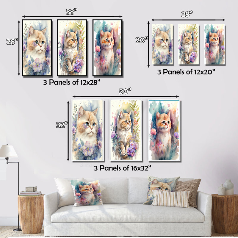 Petit chaton entouré de fleurs colorées - Ensemble de cadres flottants 3 pièces, Cadre flottant blanc, H 32 po x l 48 po