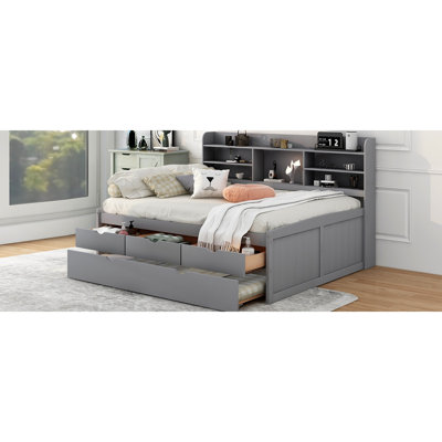 Full Size Bed With Built-in Bookcases, Three Storage Drawers And Trundle In Grey Hue Wooden Captain Book Storage, 3