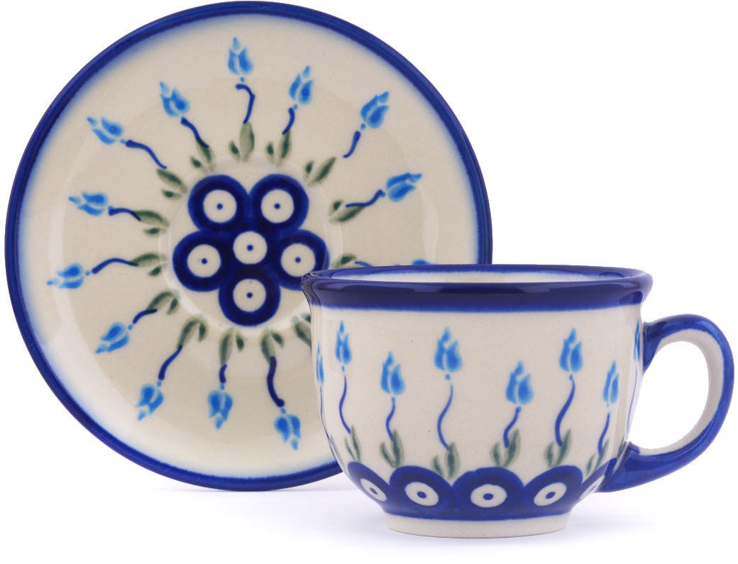 Polish Pottery Floral Peacock Coffee Mug with Saucer Polmedia