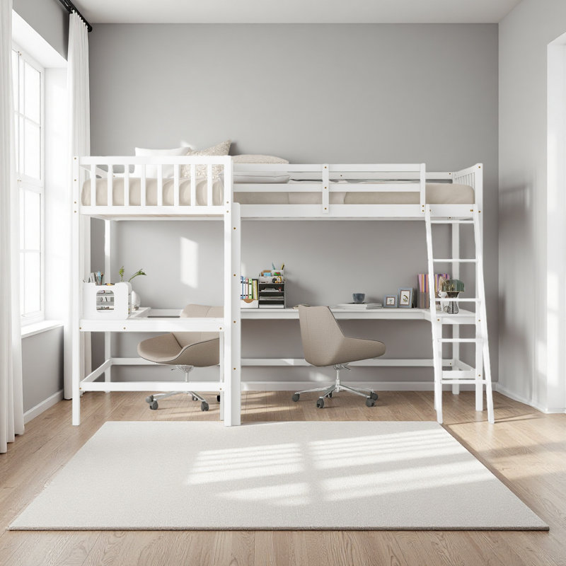 Lit mezzanine simple en bois en forme de L avec échelle et 2 bureaux intégrés en forme de L, Blanc