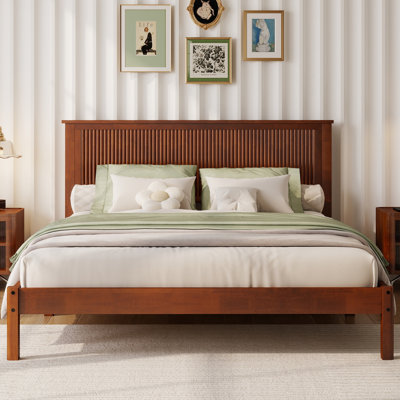 Queen Size Solid Rubber Wood Bed with Wave-Styled Headboard,Central Support Beams and Reinforced Platform Feet,Walnut