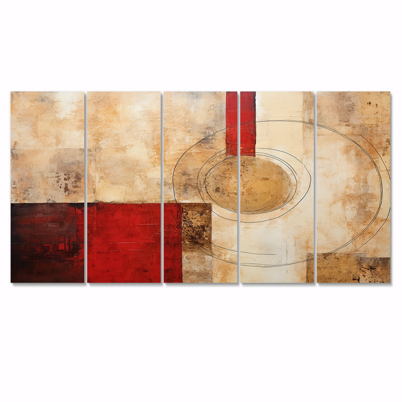 «Cubist Red Colorfields Collage - Abstract Collages», art mural sur toile 5 pièces, H 32 po x l 80 po