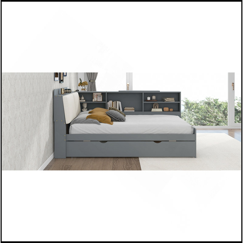 Wood Full Size Platform Bed With Trundle, Shelves And Storage Headboard, Grey