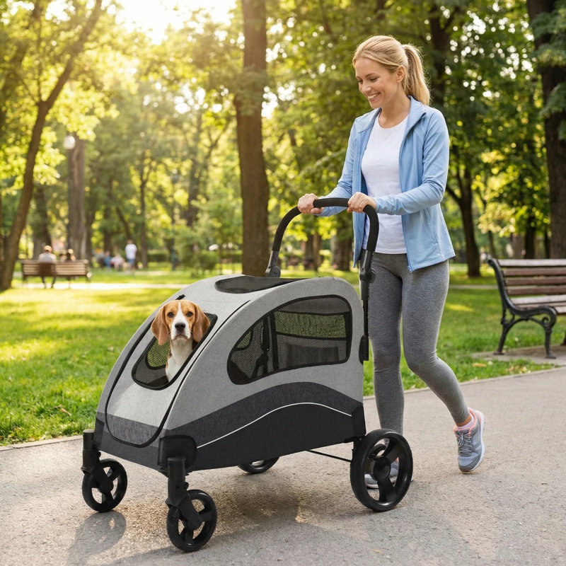 Poussette robuste pour grands chiens jusqu'à 160 lb, chariot pliable pour animaux de compagnie avec roues amortissantes, fenêtres en filet à 360 °