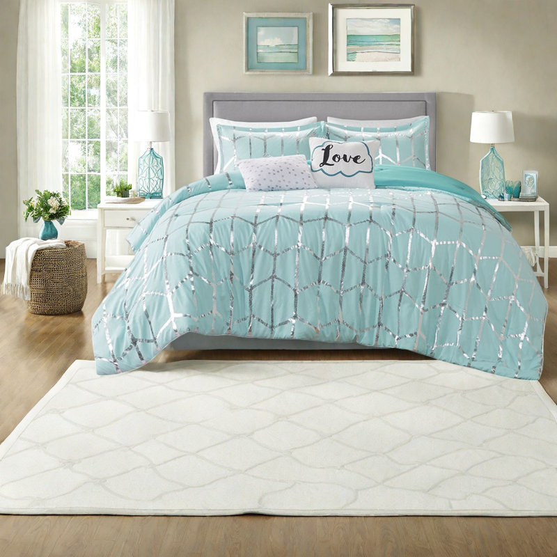 Modern Bedding Sets With Metallic Aqua Comforter, Soft Microfiber & Decorative Pillows