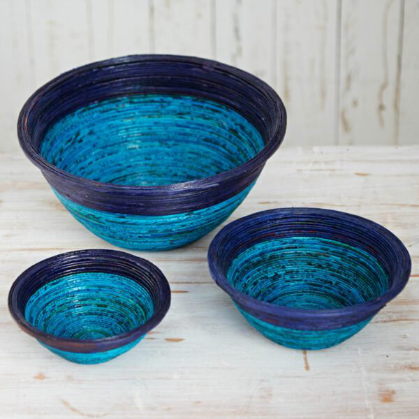 Handmade Paper Decorative Bowl 1, 7.5cm H x 20cm W x 20cm D, Dark Blue/Light Blue