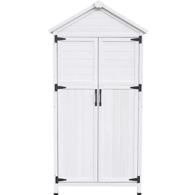 White Fir Wood Storage Shed With Smooth - Opening Double Doors And Smart Roof For Garden Pots Spacious Operating Metal Handles On