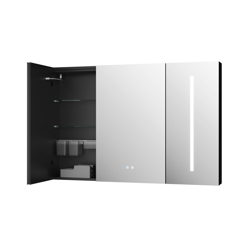 Armoire à miroir intelligente l 48 po x H 32 po avec triple éclairage, désembueur, assainisseur UV et prise intégrée, conception à 3 portes et tablette en verre réglable