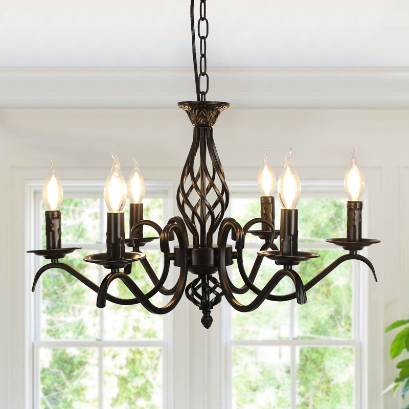 Vintage Industrial 6-Light Candle Style Black Iron Chandelier 