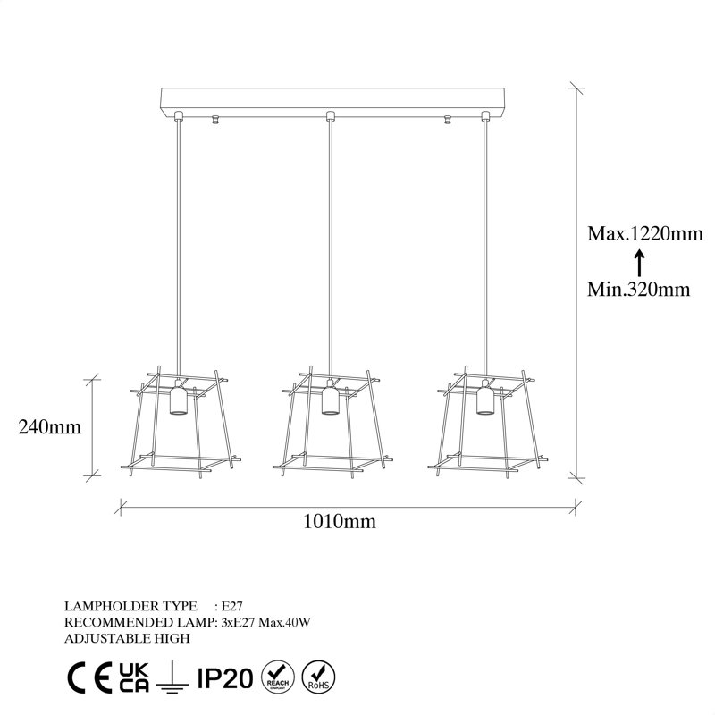 Luminaire suspendu géométrique à 3 lumières pour îlot de cuisine Hullinger
