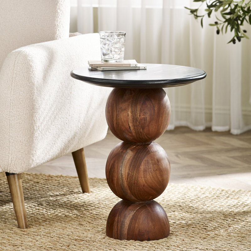 Veerly Solid Acacia Wood & Marble Effect Round Side Table - Rustic Modern Sculptural Design, Black