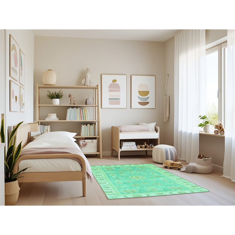 Tapis oriental fabriqué à la machine en bleu / vert / brun, Rectangle 3 pi x 5 pi