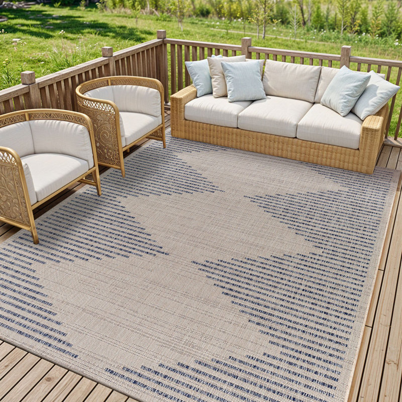 Ivory Modern Outdoor Rug, Geometric Stain Resistant Easy to Clean Rug For Patio, Balcony, Decks & Garden