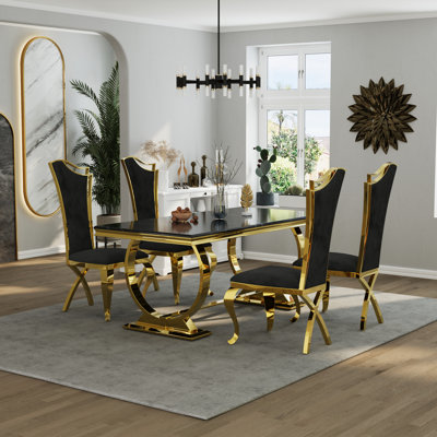 Luxury Black And Gold Dining Table Set With 4 Black Velvet Dining Chairs