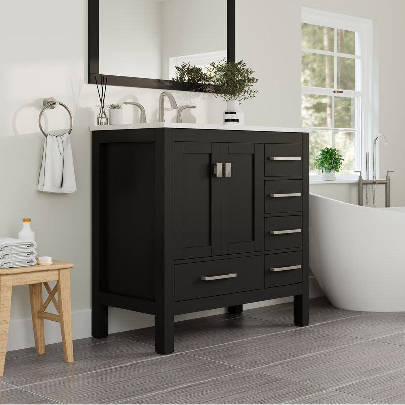 Minnich 36"W x 22"D Bathroom Vanity with Undermount Porcelain Sink, Quartz - White Carrara, Espresso