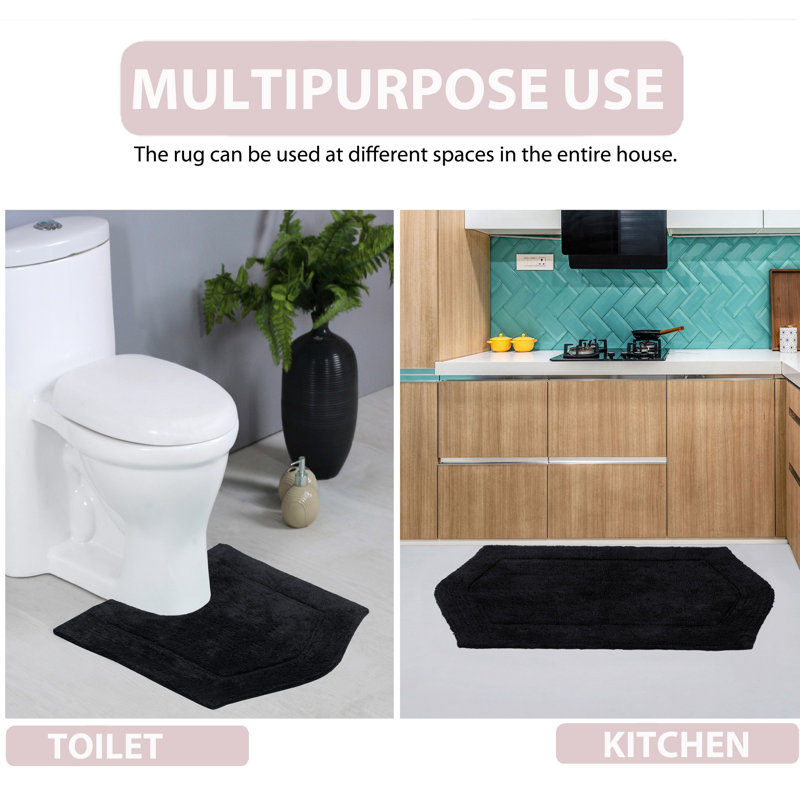 Morissette 100% Cotton Bath Rug, Non-Slip, Quicky Dry, Machine Washable, Absorbent - 3 Piece Set, Noir