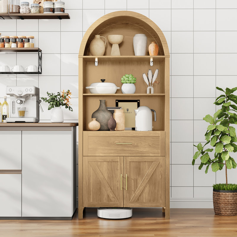 Bibliothèque arquée avec armoire et tiroir, Naturel