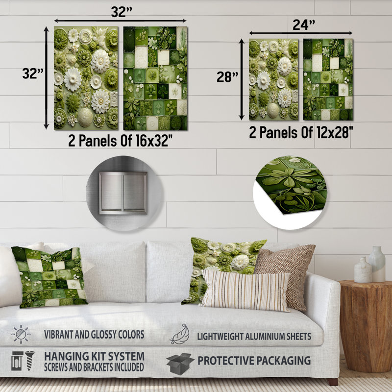 Botanicals Green Floral Tiles I - ensemble de 2 reproductions d'art mural en métal, H 28 po x l 24 po
