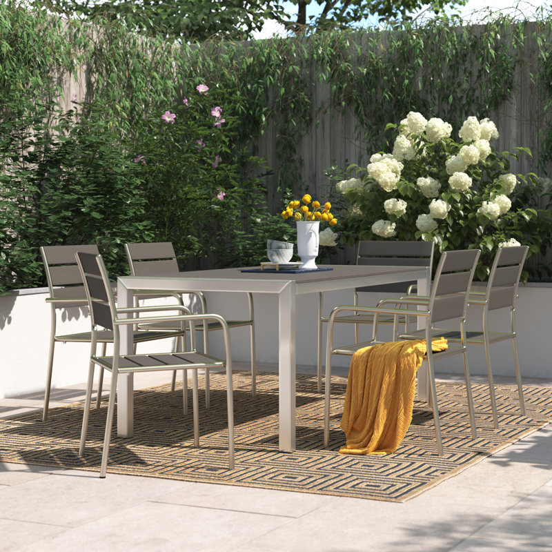 Shore 7 Piece Outdoor Patio Aluminum Dining Set, Silver