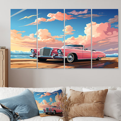 «Pink Cadillac Car At Sunset III - Car Old American», art mural 4 pièces