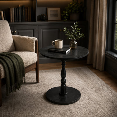 Vintage Round Wooden Side Table with Turned Pedestal Base