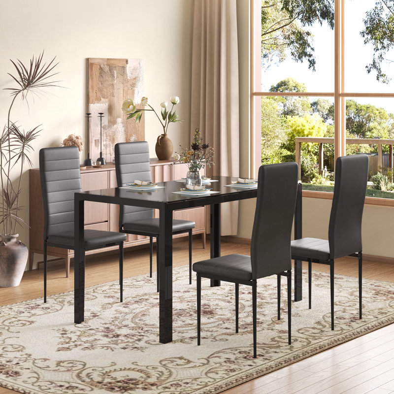 Black Tempered Glass Top Dining Table Set with Faux Leather Chairs