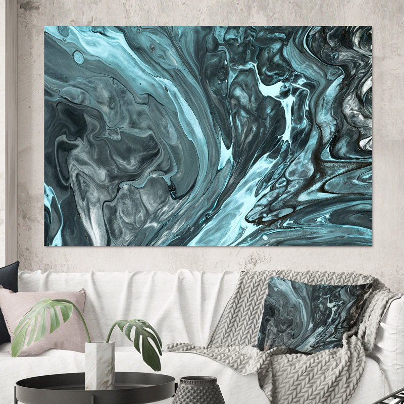 Art gris et turquoise liquide - peinture sur toile, Toile tendue, H 40 po x l 60 po x P 1,5 po