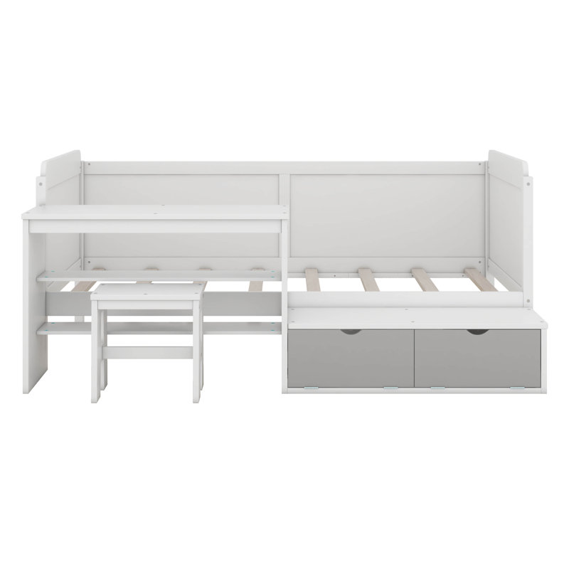 Dancy Twin Size Daybed With Desk And Shelves, Multi-Functional Bed Bed Frame With Lockers And Matching Stool, White