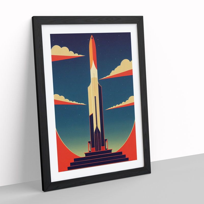 XV1022-4002X Spaceship Rocket Art Deco No.2 - Single Picture Frame Print, Black, 46cm H x 34cm W x 2cm D