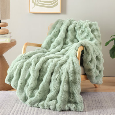 Faux Fur Throw Blanket for Couch – Sage Fluffy Cozy Rabbit Fleece, Plush Soft Bubble Blanket for Sofa & Bed, Warm Fuzzy Home Room Decor Throw 50" x 60"