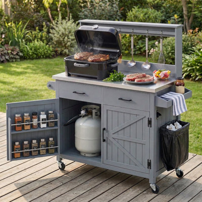 Îlot de cuisine multifonctionnel, conception en acier inoxydable et en bois massif, portatif pour barbecue extérieur et jardin