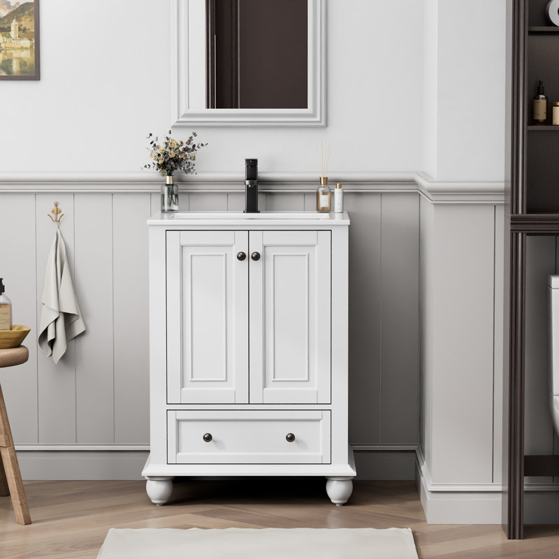 Ameetha 24" Vintage Single Bathroom Vanity with Ceramic Sink Top, Faucet, Distressed Hand Paint, White