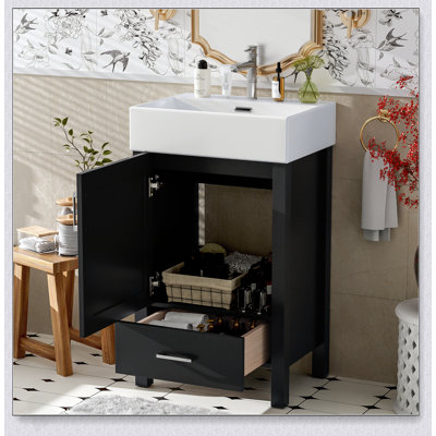 Meuble-lavabo moderne de 20,28 po avec lavabo en céramique, structure en bois massif et tiroir pour les petites salles de bain