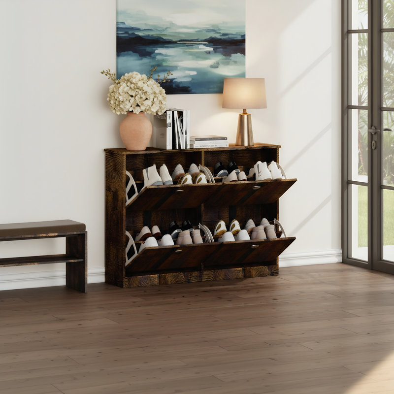 Slim Narrow Shoe Storage Cabinet with 4 Drawers, Rustic Brown