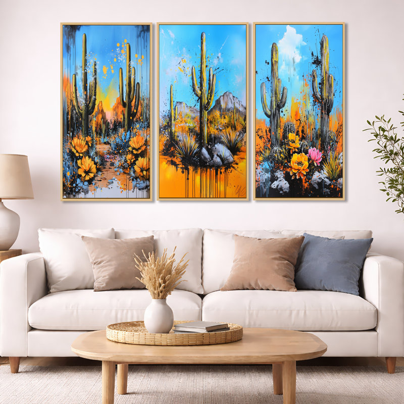 Paysage abstrait de cactus mexicains - Cactus, ensemble de 3 reproductions sur toile encadrées, Natural Wood Floater Framed