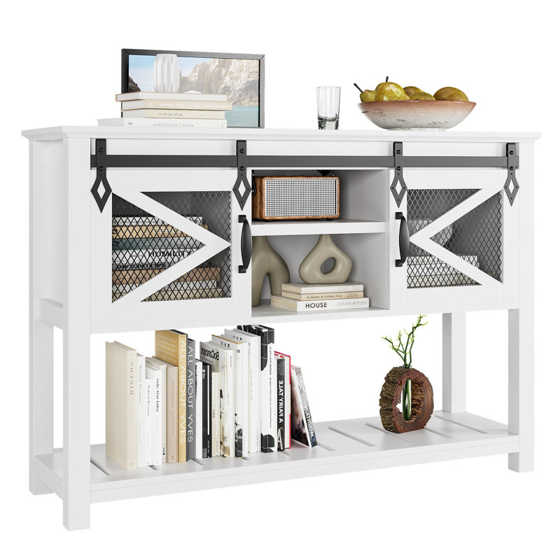Farmhouse Entryway Table With Sliding Barn Doors, Sofa Table With Storage And Open Shelf, Console Tables, White