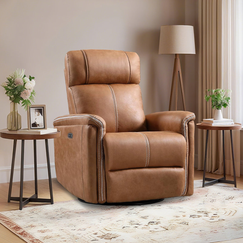 Leedward 31.5" W Modern Faux Leather Power Swivel and Rocker Recliner Chair with USB Port, Caramel