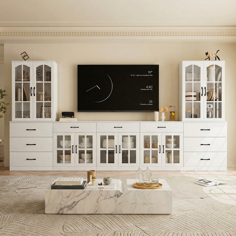 White Entertainment Center With Glass Door Hutch,118" W X 70.9" H Freestanding TV Console With Storage Drawers & Closed Cabinets | For Tvs Up To 75" Media Wall Unit