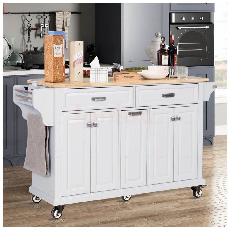 Durable Kitchen Island With Rubberwood Countertop, Spacious Storage, And 5-Wheel Mobility For Enhanced Cooking Convenience