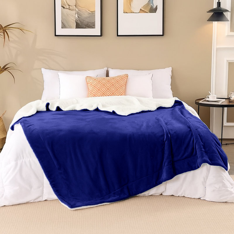 Sherpa Fleece Fur Thick Reversible Blanket Throw, 230cm x 270cm, Navy Blue