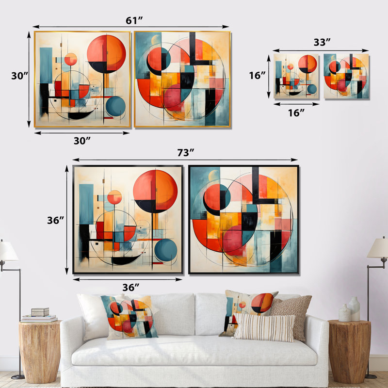"Harmonie Mid-Century orange et géométrique" - 2 pièces, Cadre flottant doré, H 30 po x l 61 po