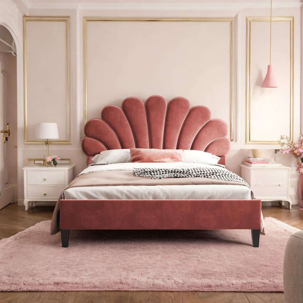 Flower Pattern Velvet Platform Bed